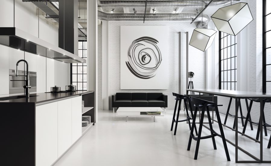 Loft,Open,Plan,Interior,With,Kitchen,,Dining,Room,And,Living